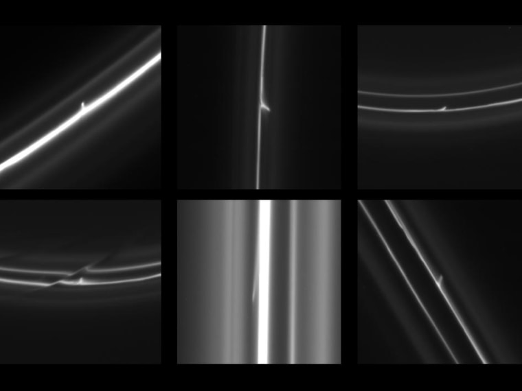 New Cassini photos show mini jet trails in Saturn's outermost F ring, likely created by snowballs flying through the icy ring.