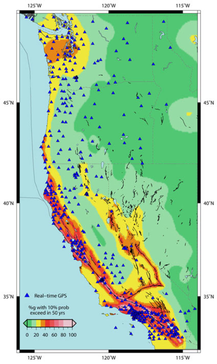 Location of the more than 500 real-time GPS monitoring stations in the western United States that make up the Real-Time Earthquake Analysis for Disaster Mitigation Network. The network's stations are overlain on a U.S. Geological Survey seismic hazard map showing areas forecast to have a 10 percent probability of exceeding a certain level of ground shaking within the next 50 years. (Areas in shades of red have the strongest shaking, while areas in green shades have the weakest.)
