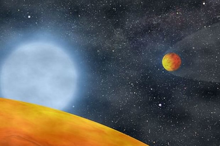 An artist's view of the two Earth-size planets orbiting a star at the end of the star's evolution, a set-up like that around the red dwarf star KIC 05807616. When the star expanded as a red dwarf, a gas giant spiraling inward removed much of its outer shell, but was torn to pieces in the process.