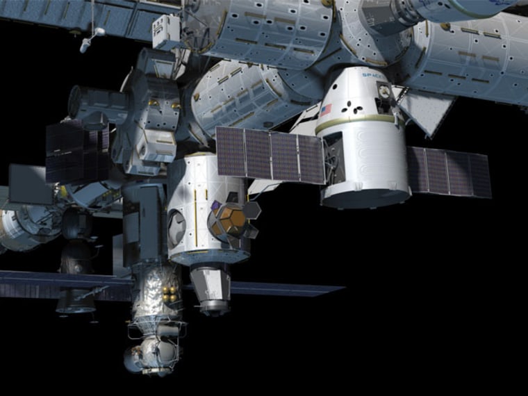 An artist’s rendition of the Dragon spacecraft at the International Space Station.