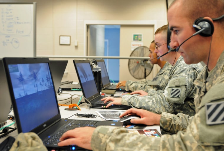 Image: Soldiers conduct a simulated fire control mission using the Virtual Battle Space 2 at Evans Army Airfield