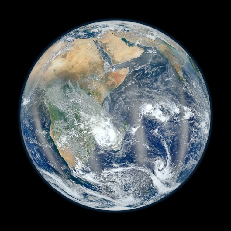 This photo from NASA's Suomi NPP satellite shows the Eastern Hemisphere of Earth in "Blue Marble" view. The photo, shot on Jan. 23 and released on Feb. 2, is a companion to a NASA image showing the Western Hemisphere in the same stunning detail. 