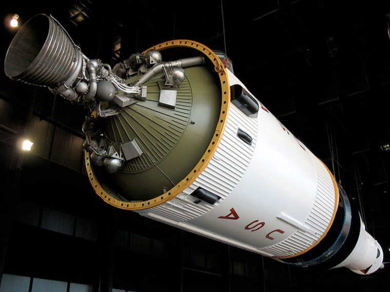 The third stage of a historic Saturn V moon rocket as seen before it was damaged by gunshots on Thursday at the U.S. Space & Rocket Center in Huntsville, Ala.