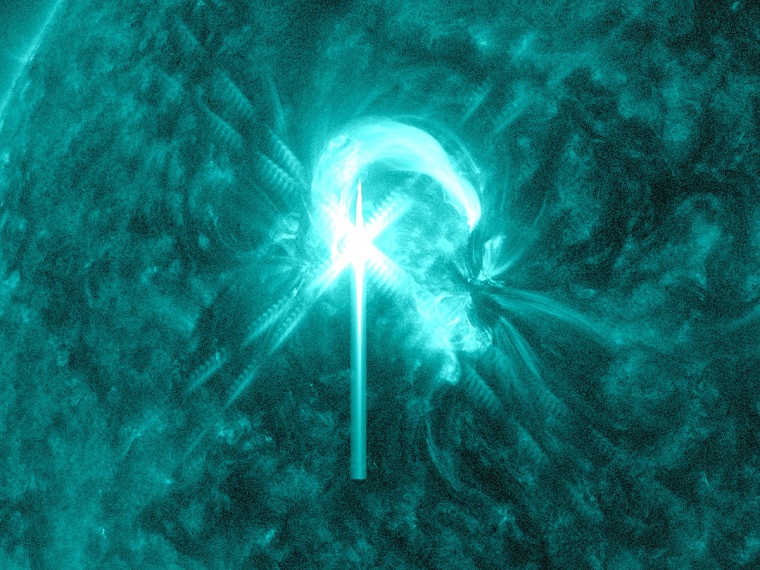 The sun unleashed an M4.7  flare at 8:32 EDT on Wednesday, as captured here by NASA’s Solar Dynamics Observatory. The flare was over quickly and there was no coronal mass ejection associated with it. This image is shown in the 131 Angstrom wavelength, a wavelength that is typically colorized in teal and that provided the most detailed picture of this particular flare.