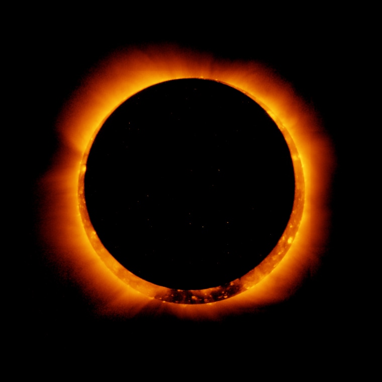 On Jan. 4, 2011, the moon passed in front of the sun in a partial solar eclipse — as seen from parts of Earth. Here, the joint Japanese-American Hinode satellite captured the breathtaking event from space. The view created what's called an annular solar eclipse.