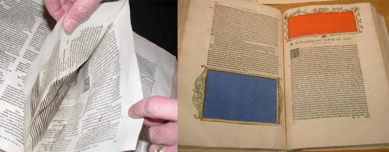 A newly cataloged 1541 book, written by Erasmus (left) has pages ripped out, text blotted out with ink and two pages glued together. This book is now in the Thomas Fisher Rare Book Library at the University of Toronto. At right is a 1538 book in which Erasmus introduces the writings of fourth-century Saint Ambrose. In it Erasmus' work is censored but this time with great beauty, with watercolors and baroque frames; it is now at the Centre for Renaissance and Reformation Studies, also at the University of Toronto.
