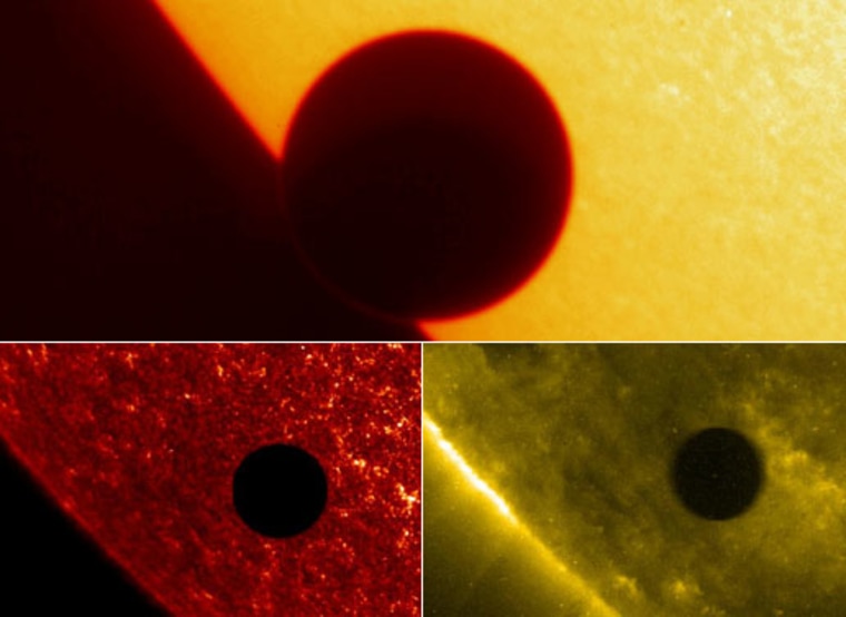 Three views of Venus' solar transit in 2004, taken by NASA's sun-observing TRACE spacecraft. The top image is in visible light; the view on bottom left is in the ultraviolet, and the one on bottom right is in the extreme ultraviolet.