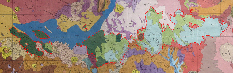 Medusae Fossae Formation (units outlined in red) on global geologic maps of Mars. Area shown covers 15 S to 15 N latitude, 135 to 235 E longitude. [Portions of geologic maps by Greeley and Guest (1987; Map I-1802-B) and Scott and Tanaka (1986; Map I-1802-A); both Misc. Invest. Series maps of the U.S. Geological Survey]