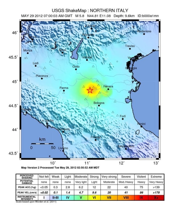 This map shows the shaking intensity from the magnitude-5.8 earthquake that struck northern Italy on Tuesday.