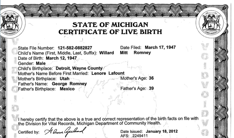 Image: The birth certificate of Repbulican presidential hopefull Mitt Romney is pictured in this undated handout photo