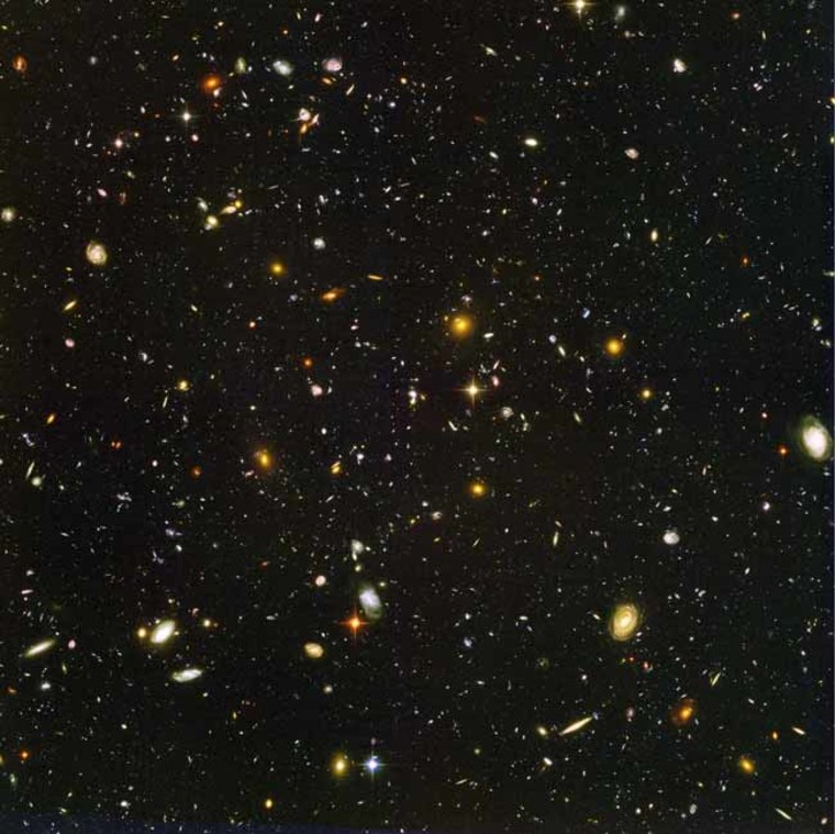 This view of nearly 10,000 galaxies is called the Hubble Ultra Deep Field. The shot includes galaxies of various ages, sizes, shapes and colors. The smallest, reddest galaxies may be among the most distant known, existing when the universe was just 800 million years old. The nearest galaxies — the larger, brighter, well-defined spirals and ellipticals — thrived about 1 billion years ago, when the cosmos was 13 billion years old.