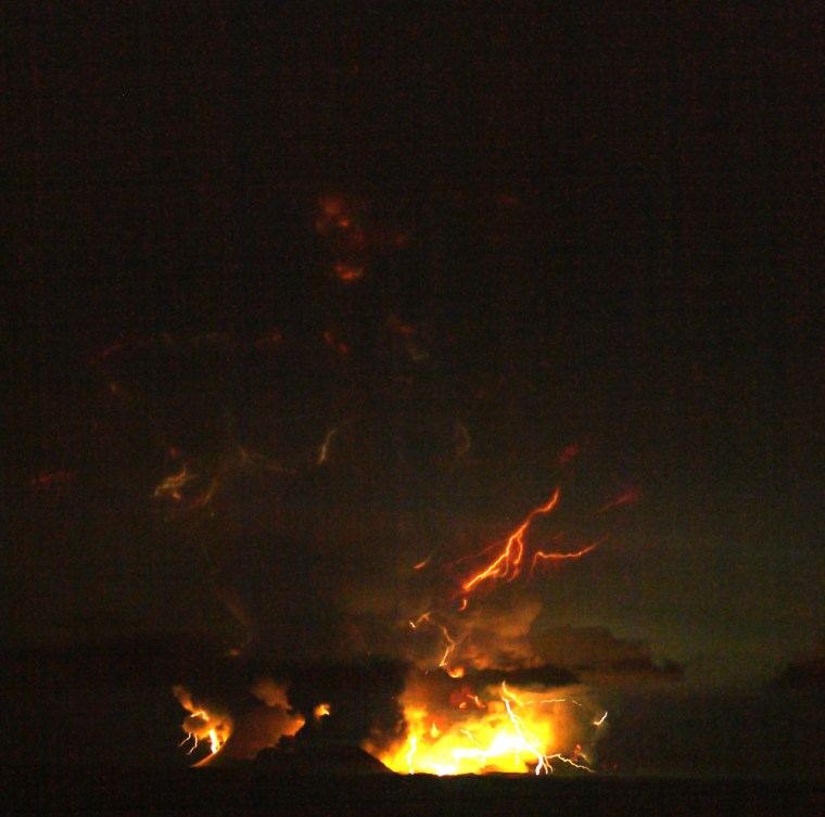 Composite photographs show lightning above Mount Redoubt eruption in Alaska.