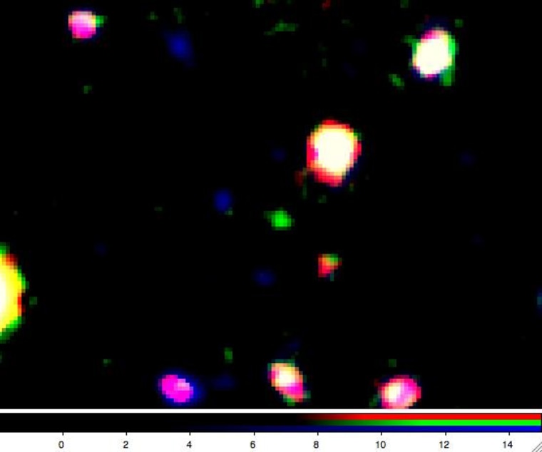 False color image of the galaxy LAEJ095950.99+021219.1. In this image, blue corresponds to optical light (wavelength near 500 nm), red to near-infrared light (wavelength near 920 nm), and green to the narrow range of wavelengths admitted by the narrow bandpass filter (around 968 nm). LAEJ095950.99+021219.1 appears as the green source near the center of the image cutout. The image shows about 1/6000 of the area that was surveyed.