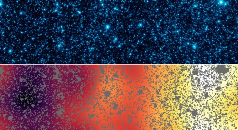 These light patterns were hidden within a strip of sky observed by NASA's Spitzer Space Telescope. These two panels show the same slice of sky in the constellation Bootes. The top panel show's Spitzer's initial infrared view of this patch, including foreground stars and a confusion of fainter galaxies. In the lower panel, all of the resolved stars and galaxies have been masked out (gray patches), and the remaining background glow has been smoothed and enhanced. This processing reveals structure too faint to be seen in the original image.