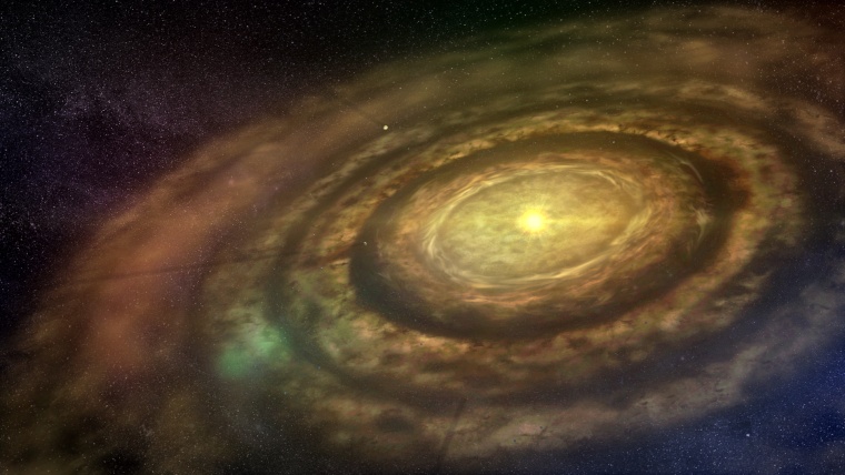 An artist's conception of a newly formed star surrounded by a swirling protoplanetary disk of dust and gas, where debris coalesces to create rocky 'planetesimals' that collide and grow to eventually form planets. A new study suggests small rocky planet may actually be widespread in our Milky Way galaxy.