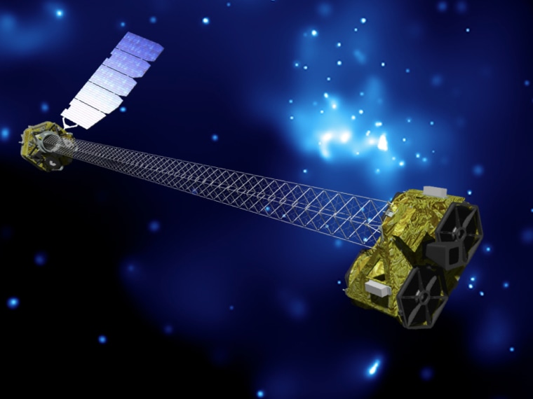 An artist's concept of NuSTAR on orbit. NuSTAR has two identical optics modules in order to increase sensitivity. The background is an image of the galactic center obtained with the Chandra X-ray Observatory.