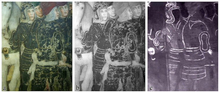 Part of a fresco by the Zavattaris in the Theodelinda’s Chapel near Milan, Italy. The artworks, executed between 1440 and 1446, are rich and complex, using various fresco techniques, gold and silver decorations and reliefs. Color photo (a), and imaging in the NIR (b), compared to the TQR image (c). 
