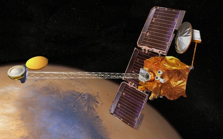 An artist's rendering shows the Mars Odyssey spacecraft.
