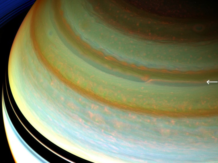 A particularly strong jet stream churns through Saturn's northern hemisphere in this false-color view from NASA's Cassini spacecraft. The image were taken on Jan. 13, 2008, when Cassini was about 810,000 miles (1.3 million kilometers) from Saturn.