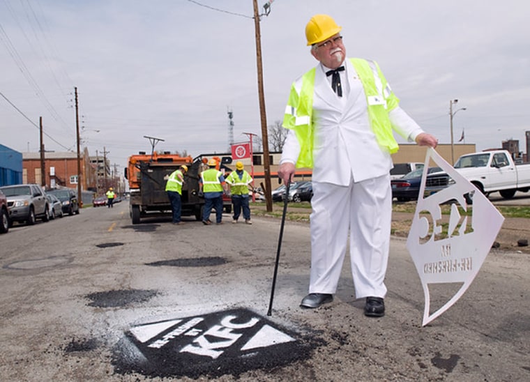 KFC was a pioneer in unusual ad placements early in the downturn, with crews stenciling its logo on potholes it paid to fill.