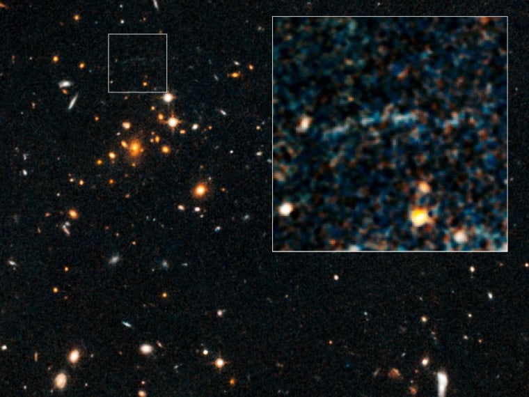 These images, taken by NASA's Hubble Space Telescope, show an arc of blue light behind an extremely massive cluster of galaxies, called IDCS J1426.5+3508, which is located 10 billion light-years away.