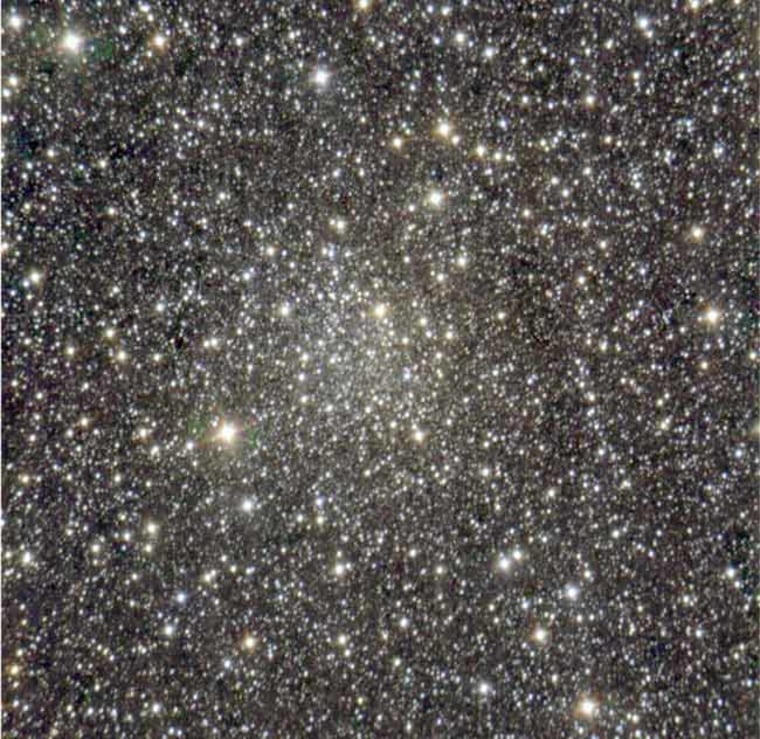 Color-composite image of FSR 1735. The cluster is the circular regions of stars and enhanced brightness in the center of the image. North is up and East is to the left.