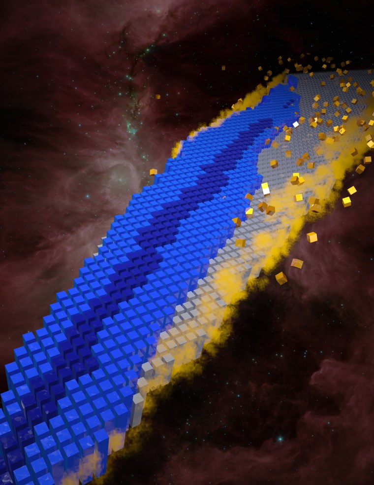 This illustration of the nuclear landscape shows atomic isotopes arranged by an increasing number of protons (up) and neutrons (right). The dark blue blocks represent stable isotopes, while the lighter blue blocks are unstable isotopes that have been observed. The gray blocks are possible isotopes that have not yet been observed. The yellow clouds represent the drip lines that bound the possible nuclides. A study estimated a total of roughly 7,000 nuclides are possible.