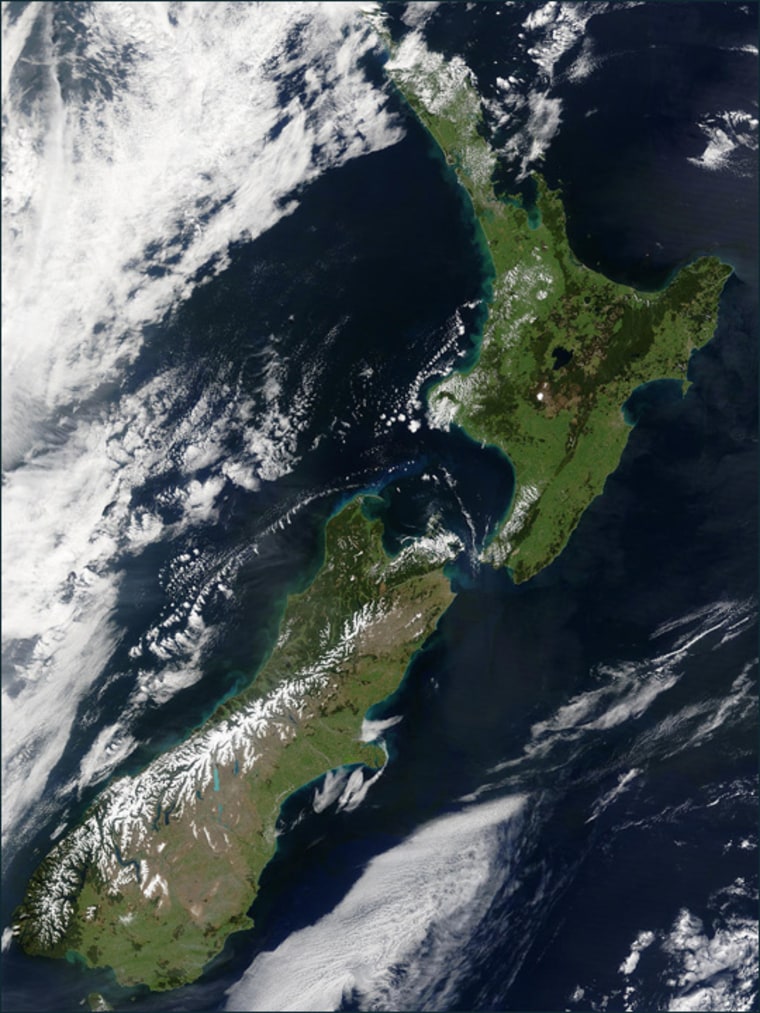 The island nation of New Zealand as seen by NASA’s Terra satellite on Oct. 23, 2002.