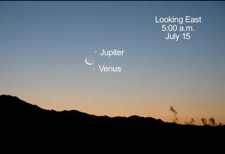 This image shows the bright planets Venus and Jupiter meeting the crescent moon on July 15.