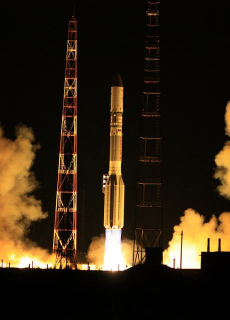 An International Launch Services Proton rocket launches the SES-5 telecommunications satellite from Russia’s Baikonur Cosmodrome in Kazakhstan on Tuesday morning.