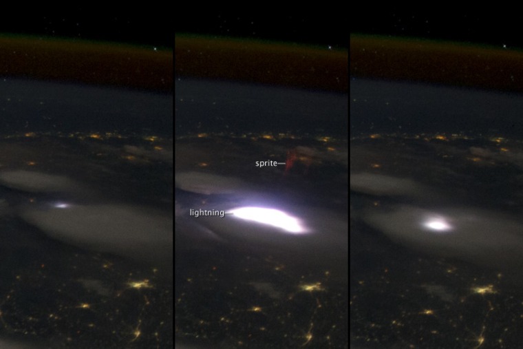 A strange type of lightning called a sprite that occurs above thunderstorms and extends to the edge of space was photographed by an astronaut aboard the space station on April 30.