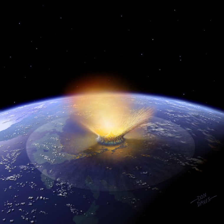 An artist’s impression of a 6-mile-wide asteroid striking the Earth. Scientists think about 70 of these dinosaur killer-sized or larger asteroids hit Earth between 3.8 and 1.8 billion years ago. 