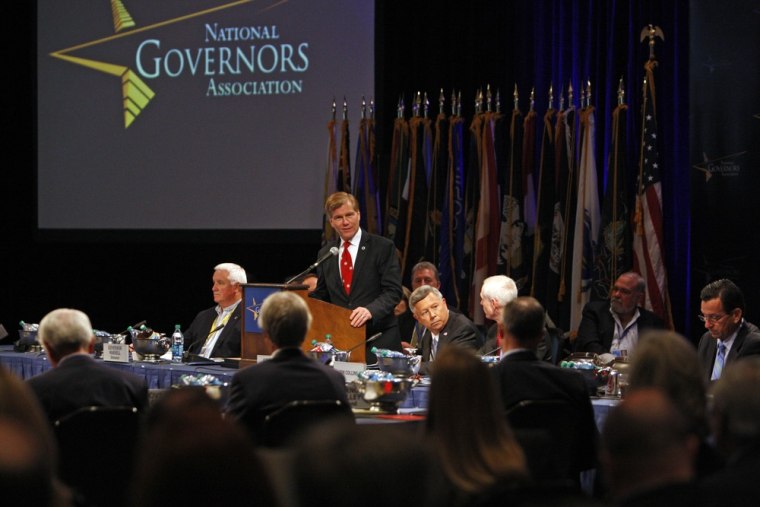Image: Virginia Gov. Bob McDonnell, at podium, adresses the first full session of the National Governors Association meeting in Williamsburg, Va.