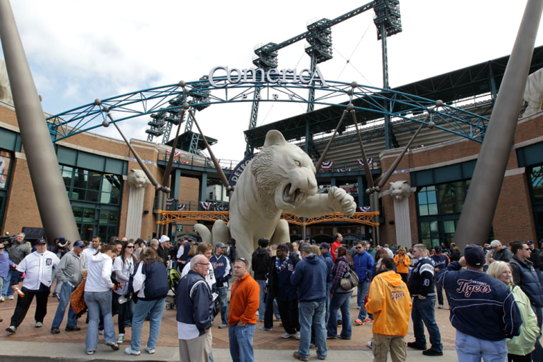 Fans gather outside Comerica Park before a baseball game between the Detroit Tigers and Boston Red Sox, in Detroit, on April 5. Comerica Park is the latest Detroit landmark to be the subject of a bomb threat. 