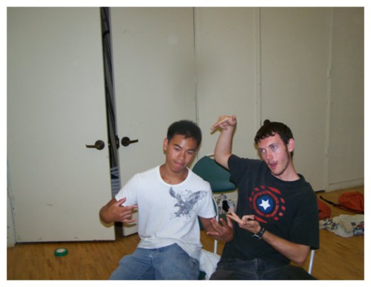 James Eagan Holmes, right, goofing around with an unidentified fellow counselor at Camp Max Straus in summer 2008, near Glendale, Calif.
