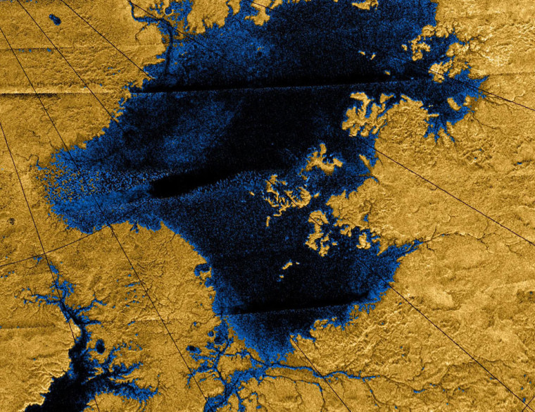 Image: River networks drain into lakes in Titan's north polar region