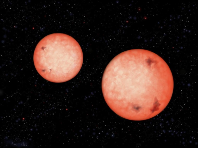This artist's impression shows two active stars — M4-type red dwarfs — that orbit each other every 2.5 hours, as they continue to spiral inward. Eventually they will coalesce into a single star.