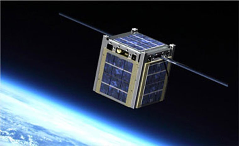 An artist's illustration of a tiny cubesat satellite in orbit.
