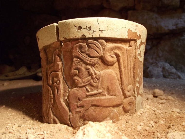 In the ruins of a royal complex in the Mayan city of Uxul, archaeologists found a tomb they believe belonged to a prince who died 1,300 years ago. This is one of the ceramic vessels they found buried with him.