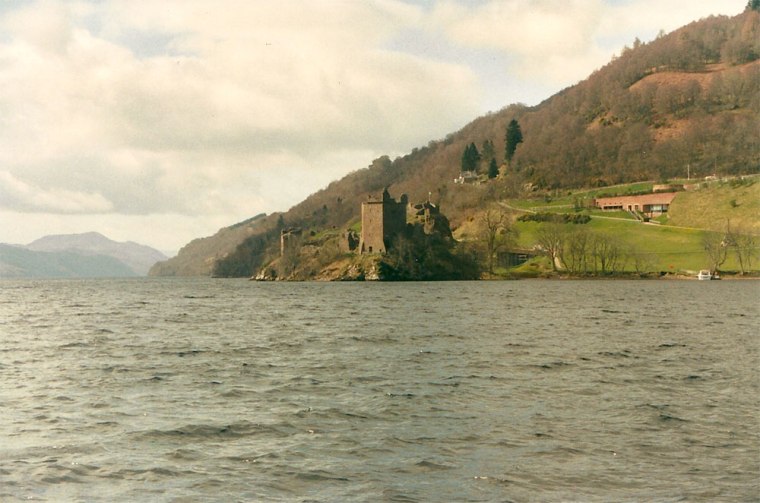 The photo of the "monster" was taken from the woody shoreline of Loch Ness in the highlands of Scotland, shown here with Urquhart Castle in the background.