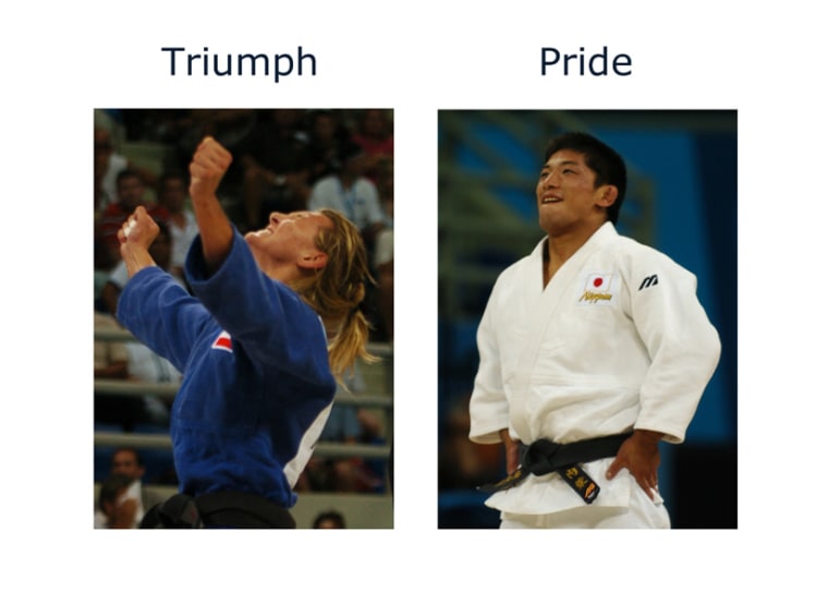 Olympic athletes display expressions of triumph and pride after winning a medal match. These photographs were used in a new study that suggests that the victory pose humans make after a contest or challenge (left) signals feelings of triumph, challenging previous research that labeled the expression pride. The research finds that nonverbal expressions of triumph (left) are universal across cultures, look different to displays of pride (right) and occur immediately after a win, compared to pride, which tends to be expressed a few seconds later
