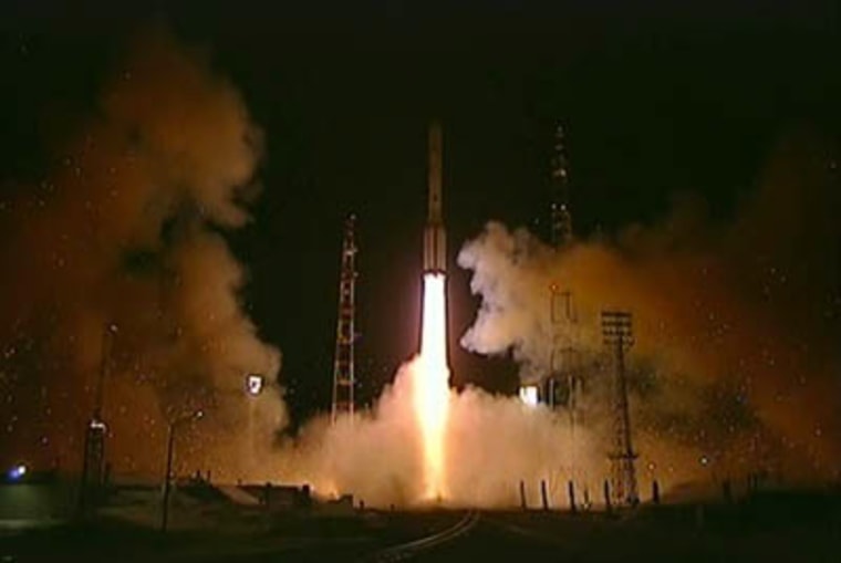 A Russian Proton rocket launches toward space carrying the Telkom 3 and Express MD2 satellites on Monday from Baikonur Cosmodrome in Kazakhstan. The rocket suffered a third stage failure during the ill-fated mission.