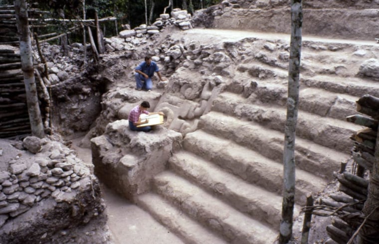 The north face of the Jaguar Paw Temple, in the Tigre Complex at El Mirador, Guatemala, showing the east mask, stairway, and upper landing during excavations by Project El Mirador. Most of the Preclassic turkey bones were associated with this building.