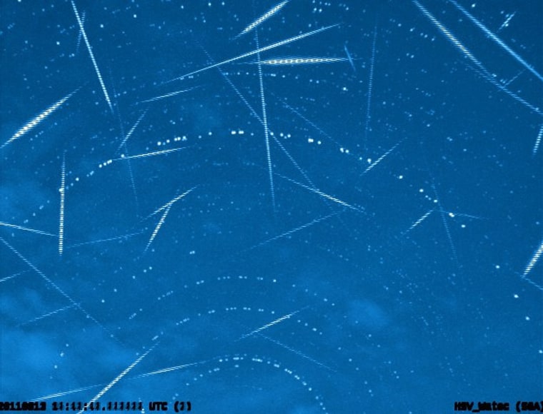 A Perseids composite as  seen on Aug. 12-13, 2011. Concentric circles are star trails.