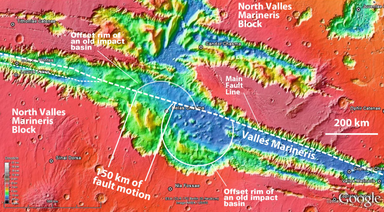 A view of the central segment of Mars' huge Valles Marineris canyon system, which may hold evidence of active plate tectonics.