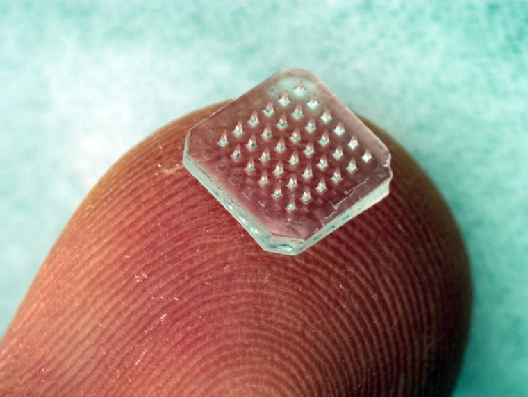 Instead of a vaccine shot, what if a little clear patch arrived by mail, one that could be stuck in a child's back and would dissolve painlessly? 