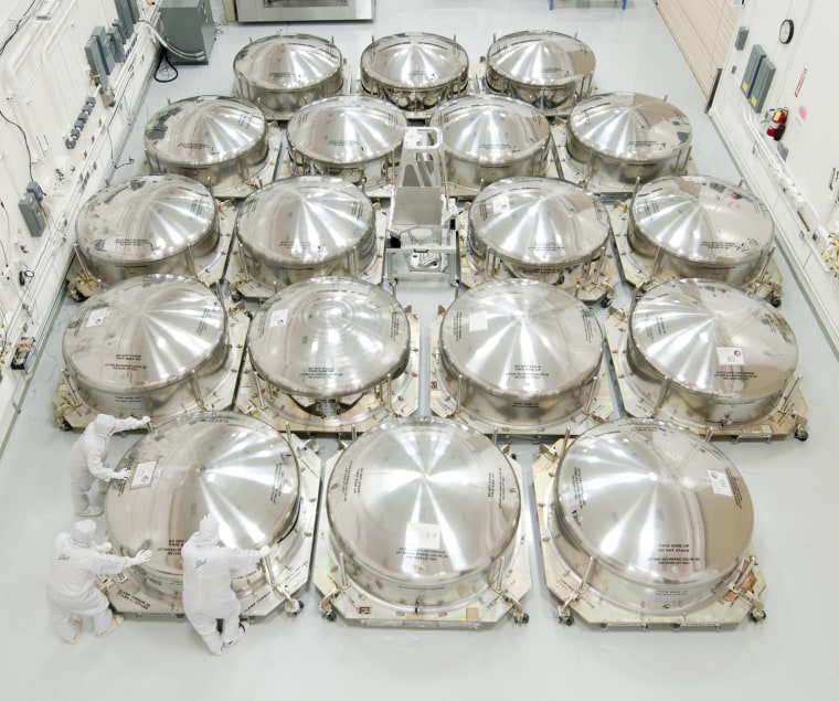 Eighteen beryllium primary mirror segments are packed up and ready to ship to NASA for the James Webb Space Telescope.