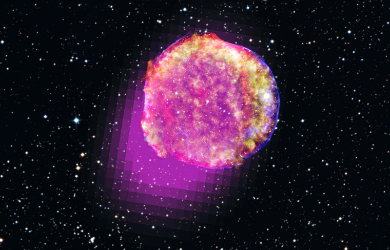 Gamma rays detected by NASA's Fermi space telescope show that the remnant of Tycho's supernova shines in the highest-energy form of light. This portrait of the shattered star includes gamma rays (magenta), X-rays (yellow, green, and blue), infrared (red) and optical data.