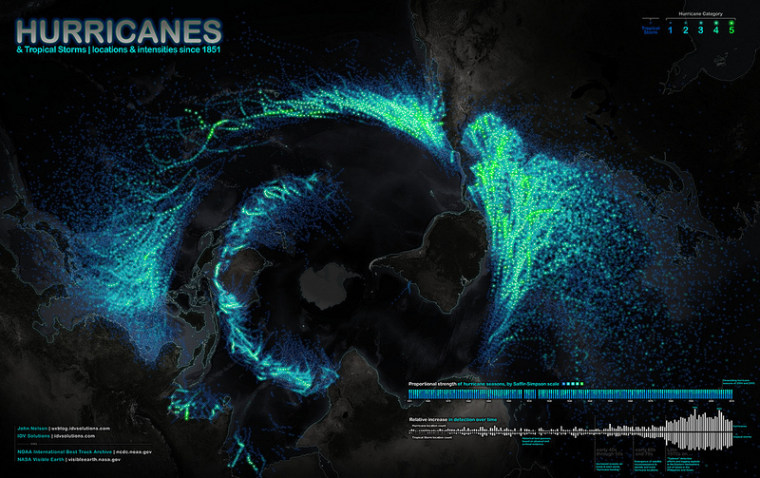 This map shows hurricanes and tropical storms that have churned across the globe from 1851 through 2010.