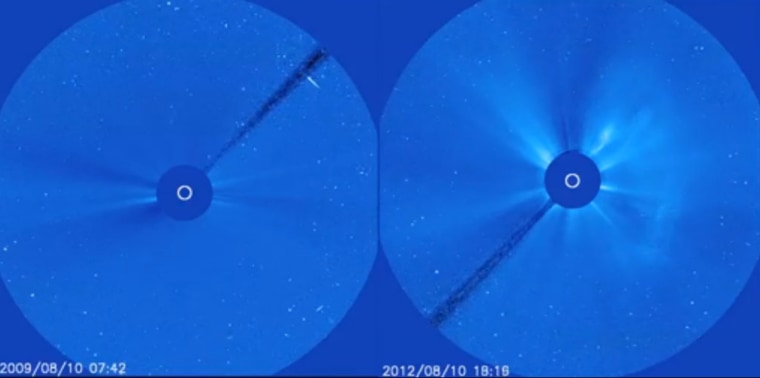 This screenshot from a video taken by the NASA/ESA SOHO spacecraft shows how much more active the sun is in August 2012 (right) than it was three years ago (left).